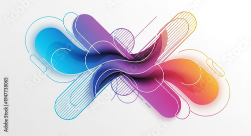 Abstract colorful fluid shapes with gradient colors and wireframe overlay.