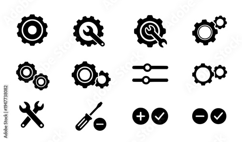 Grid gear icon collection solid glyph settings and functions vector