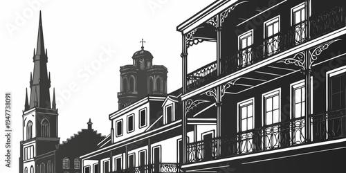 USA, US, U.S, United States - New Orleans French Quarter skyline balcony silhouettes monochrome travel poster