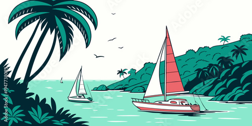 A red sailboat on a tropical bay with palm trees Vector