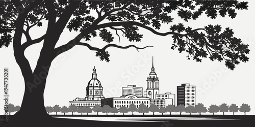 USA, US, U.S, United States - Savannah historic skyline with oak trees silhouettes minimalist black and white poster 