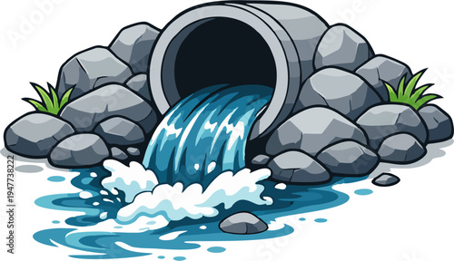 Cartoon Vector Illustration of Concrete Drainage Pipe Discharging Water into Rocky Stream – Culvert Outflow Concept