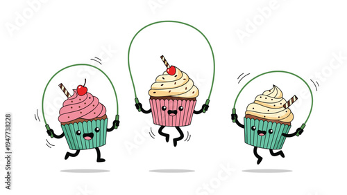 Three happy cupcake characters jump rope playfully with green skipping ropes to promote a fun and active lifestyle for children.