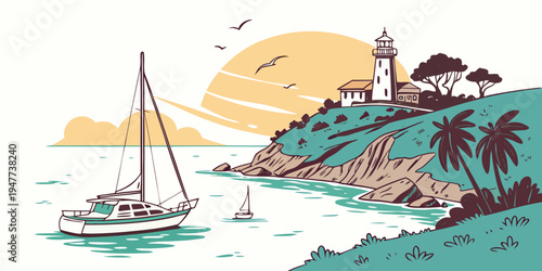 A sailboat near a lighthouse on a tropical island Vector