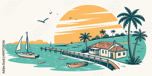 A tropical island with a pier and palm trees Vector
