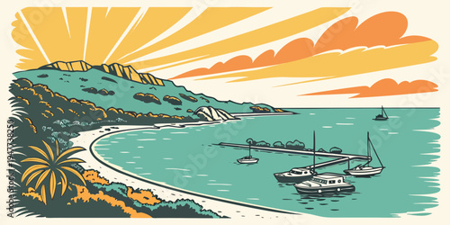 A serene tropical bay at sunset with boats Vector