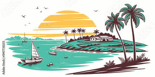 A serene tropical island with a sailboat and palm trees Vector
