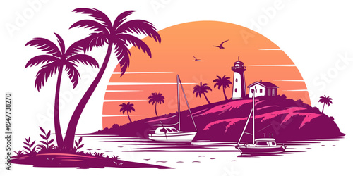 A tropical island with palm trees and a lighthouse Vector