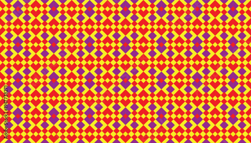 Vibrant red and yellow geometric background with repeating purple diamond shapes
