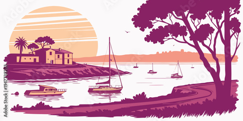 A serene coastal scene at sunset with boats and trees Vector