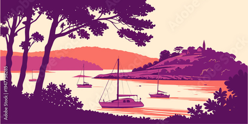 A serene lake scene with boats and trees at sunset Vector