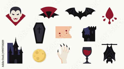 A collection of spooky Halloween-themed icons featuring a vampire, bats, a coffin, a castle, blood drops, and a full moon.