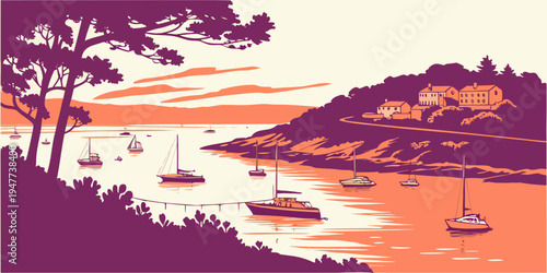 A serene pixel art landscape of a bay at sunset Vector
