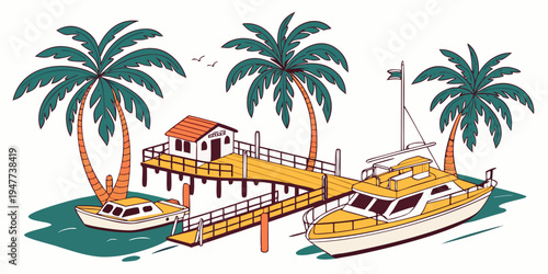 A boat is docked at a pier near a tropical island Vector