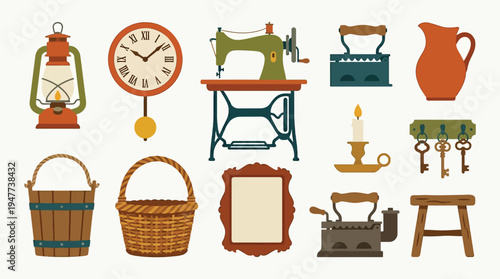 A collection of vintage household items and tools, including a lantern, clock, sewing machine, irons, pitcher, bucket, baskets, frame, candle holder, keys, and stool.