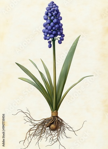 detailed botanical illustration of a purple grape hyacinth with long green leaves, exposed bulb and root system on a textured parchment background, calm scientific tone