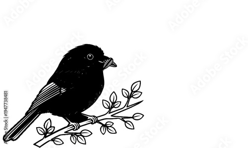 Silhouette of a small bird with a beak full of seeds resting on a branch