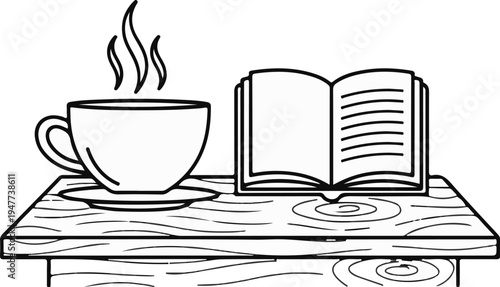 Steaming cup of coffee sits beside an open book on a wooden table