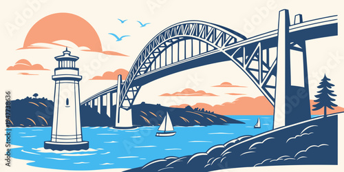 A bridge with a lighthouse on the left side Vector