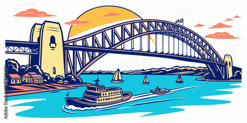 Sydney harbour bridge with a boat sailing underneath Vector