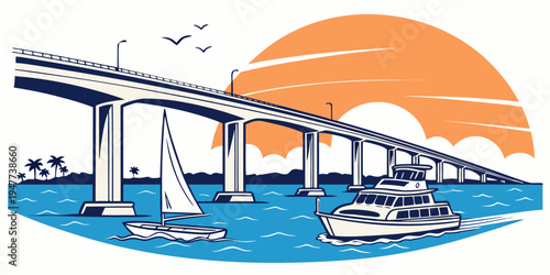 A large bridge over water with a boat and plane Vector