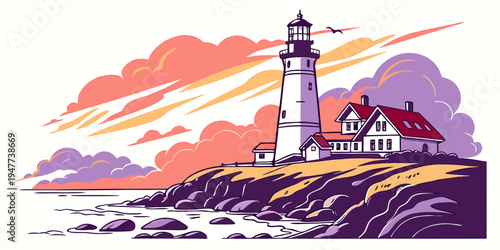 A lighthouse on a rocky coastline at sunset Vector