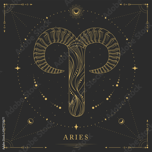 Modern magic witchcraft card with astrology Aries zodiac sign on space background. Line art vector illustration