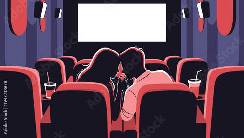 Silhouette of a romantic couple sitting in a cinema theater with drinks while leaning toward each other in front of a bright screen.