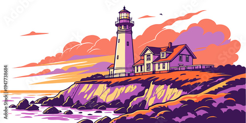 A lighthouse on a rocky coastline at sunset Vector
