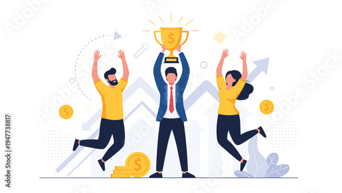 Successful business team celebrates their victory as the leader holds up a golden trophy against a background of rising growth charts.