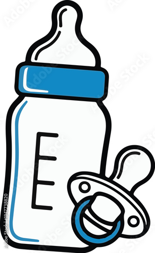 Simple illustration of a baby bottle with measurement markings and a blue-ringed pacifier