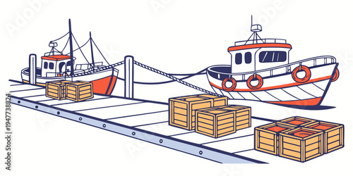 Fishing boats are docked next to cargo boxes Vector