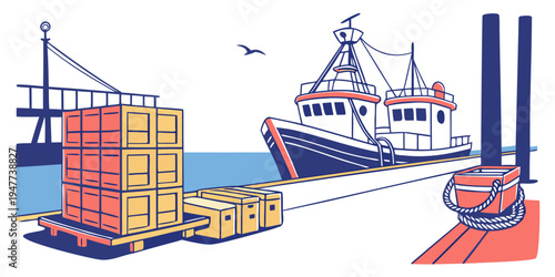 Cargo ship and containers on the dock Vector