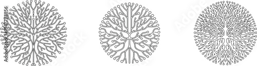 Set of abstract circular tree icons with branching network lines and circular nodes representing ecological connectivity and biological growth structures