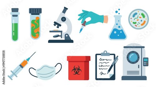 A collection of scientific laboratory equipment and supplies, including test tubes, a microscope, a syringe, and a biohazard bin.