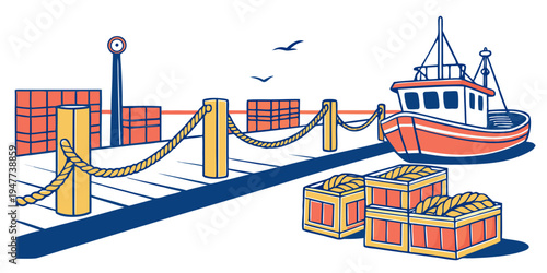 A cargo ship docked at a pier with containers Vector