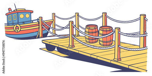 A colorful boat sitting on a dock with crates Vector