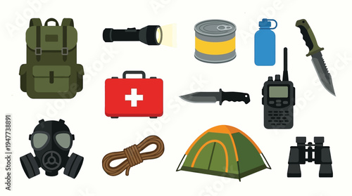 A collection of essential survival gear and equipment laid out against a white background, including a backpack, first aid kit, flashlight, and tent.