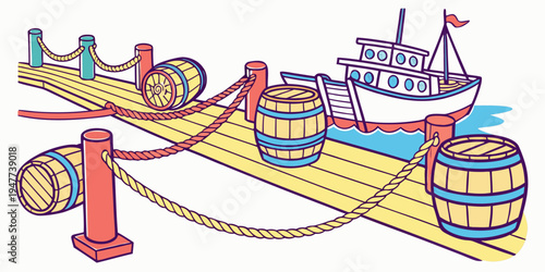 A dock with barrels and a boat Vector