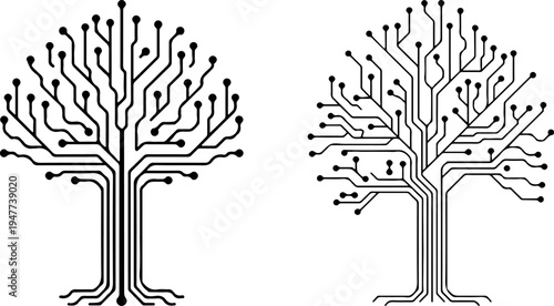 Circuit board tree vector illustration, electronic circuits forming a tree shape, technology and nature fusion concept, digital plant design