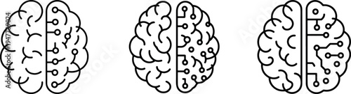 Human brain icon vector set, half brain with circuitry design, neural network and artificial intelligence concept, outline smart technology