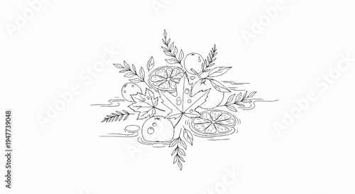 Still life sketch of citrus fruits and leaves floating on water