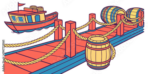 A red dock with a boat and barrels Vector