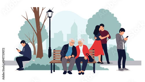 Diverse group of people relax and socialize in a city park featuring an elderly couple, a dancing pair, and individuals on phones.