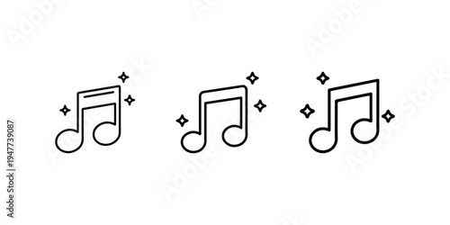 Musical note icons with magic sparkles vector collection representing high quality audio stream and creative digital melody generation for app interface
