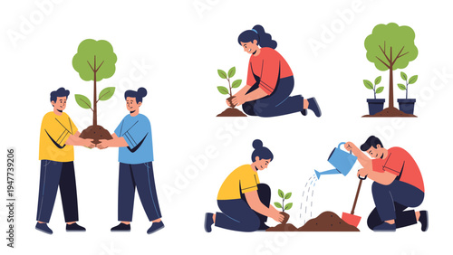 Group of young people work together to plant trees and water sprouts to help the environment and promote ecological sustainability.