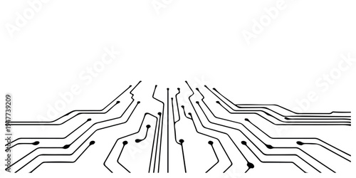 Perspective view of electronic circuit board lines converging, technology and innovation concept, digital data pathways