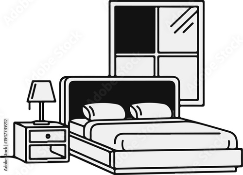 Simple illustration of a bed with pillows, a nightstand with a lamp, and a window