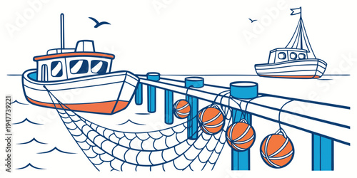 Boats are docked at a pier with fishing nets Vector