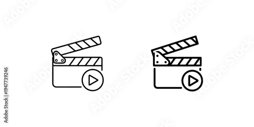 Set of two clapperboard icons with play button, isolated on white background. vector illustration in line style